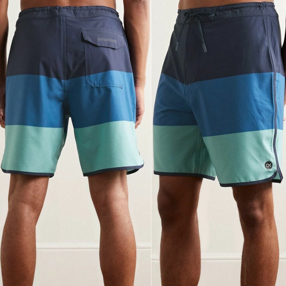 Outerknown Tasty Scallop Boardshorts Blue Colorblock Stripe Zip Fly
